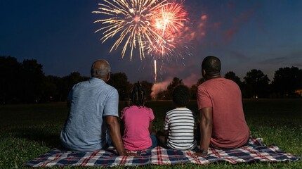 Family sits on a blanket watching fireworks at night during a Juneteenth celebration, summer holiday gathering, freedom and togetherness. Juneteenth.
