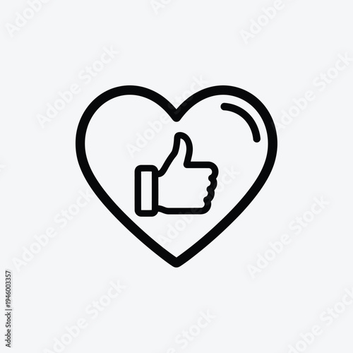 A black line art icon of a heart with a thumbs up inside, symbolizing love and approval in a simple style