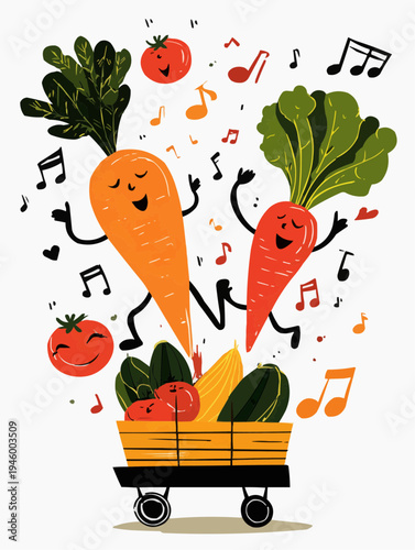 Flat vector illustration of cheerful vegetables dancing with musical notes, perfect for healthy eating campaigns, children's books, or food packaging.
