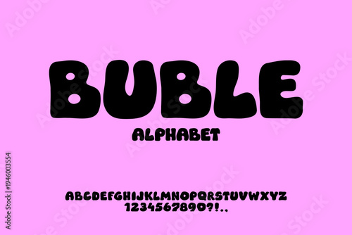 Bubble playful font. Typeface with balloon effect. Y2K alphabet for headings. Wavy groovy letters and numbers. Bold black and white typescript. Rounded font. Plump alphabet