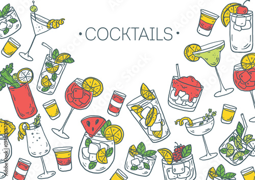 Hand drawn cocktail sketch frame. Whimsical drinks doodles set. Hand drawn vector illustration for menu, packaging design. Cocktails quirky icons, simple sketch style. Partially colored drawing