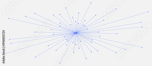 Abstract blue radial lines with arrows in outward burst. Minimalist vector illustration of data distribution, directional flow, and active connectivity. Technical graphic for 2026 design trends.