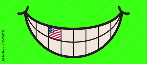 Smiling cartoon mouth with American flag on tooth. Minimalist vector illustration of a white healthy smile with US flag on green background. Concept of American dental care and patriotism.