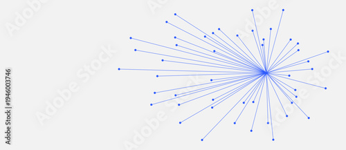 Abstract blue radial lines with dots in burst form. Minimalist vector illustration of a technical network hub, data visualization, or digital connectivity. Graphic for web and print design.