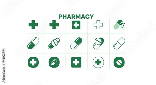 Medical Crosses and Pill Icons Representing Pharmacy, Medicine, and Healthcare Services