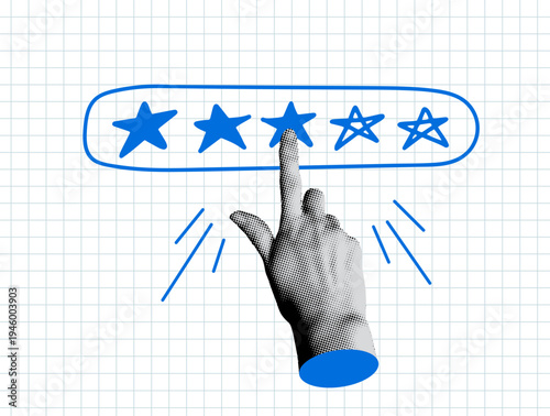 Modern collage with halftone hand pressing on star. Customer review. Give feedback. User rates a product online