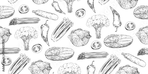 Seamless pattern with vegetables. Engraving background with celery, savoy cabbage, paprika, zucchini, cauliflower, asparagus and tomato. Black and white illustration of vegetables. Pattern for menu