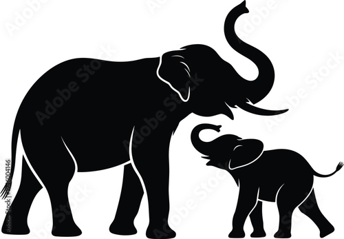 Black silhouette of adult elephant with juvenile, trunks raised in interaction, symbolizing family bond, wildlife nature art, minimal design