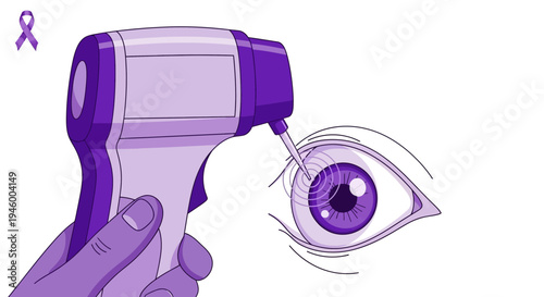 Medical Diagnostic Tool Pointing Towards an Eye with a Purple Ribbon on the Corner