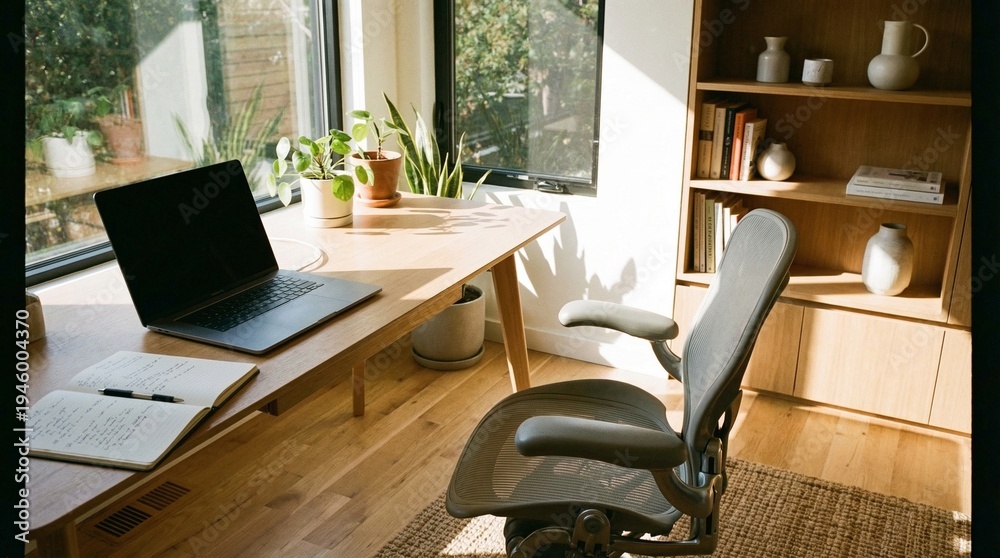 Fototapeta premium Workplace Harmony: A modern, sun-drenched workspace, complete with a laptop, notebook, plants, and a comfortable chair, creating a serene environment conducive to focus and productivity.