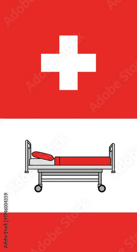 Medical Emblem Depicting Emergency Aid and Hospital Care Represented with a Bed and Cross Symbol