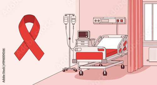 Medical Concept Depicted With Red Ribbon Symbolizing Health and Hospital Room Illustration