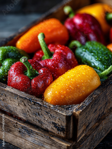 Close-up of colorful bell peppers in a rustic wooden crate, suitable for food blogs, healthy eating promotions, or recipe websites.
