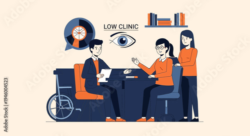 Medical Consultation Illustrating Eye Clinic Services and Low Vision Care With Professionals Present
