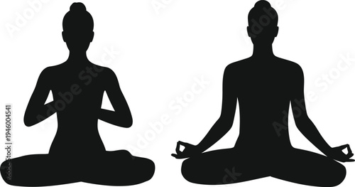 Black silhouette illustration of two people in seated yoga meditation poses, cross-legged, practicing mindfulness, relaxation, and inner peace