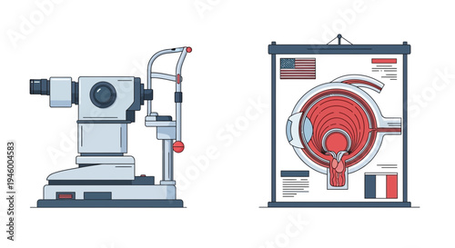 Medical Equipment and Diagram Illustrate Ophthalmic Examination and Eye Anatomy for Healthcare