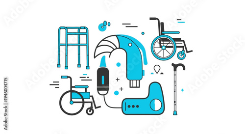 Medical Equipment Illustration: A Collection of Assistive Devices and Mobility Aids for Daily Life