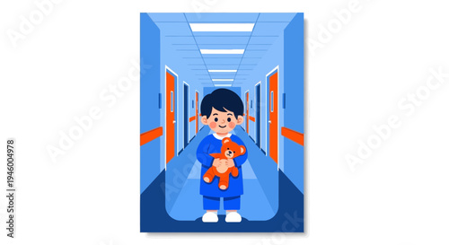 Little Patient With Teddy Bear Standing In Hospital Corridor Waiting For Treatment
