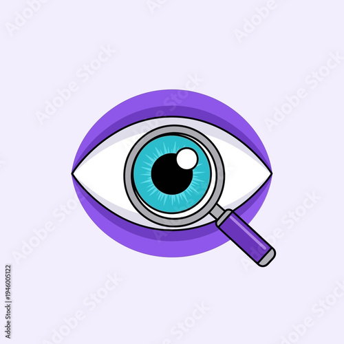 Magnifying Eye, Observation Icon with Eye Iris and Purple Backdrop: Detailed Analysis Concept