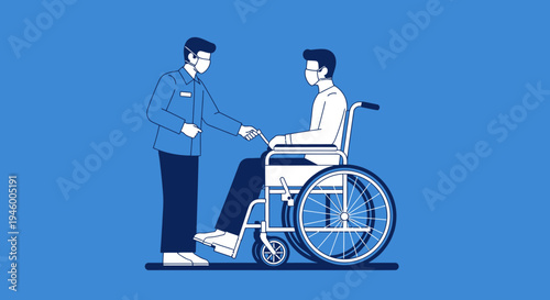 Medical Assistance: A Caregiver Aids a Patient in a Wheelchair in a Hospital Setting