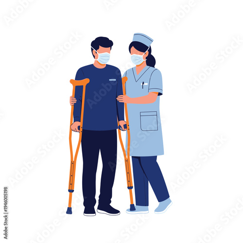 Medical Assistance: A Nurse Supports Patient With Crutches During Rehabilitation Process.