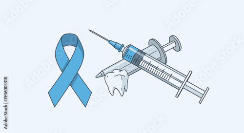 Medical Awareness Ribbon, Syringe, And Dental Health Illustration In Modern Graphic Style