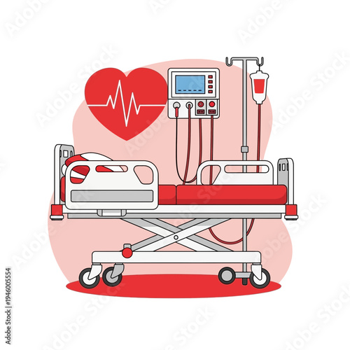Medical Bed Depiction with Heart Monitor and Infusion Drip, Healthcare Illustration