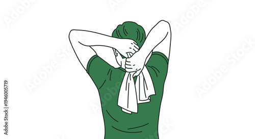 Man Wiping Neck With Towel After Physical Activity In Green Shirt And Outline