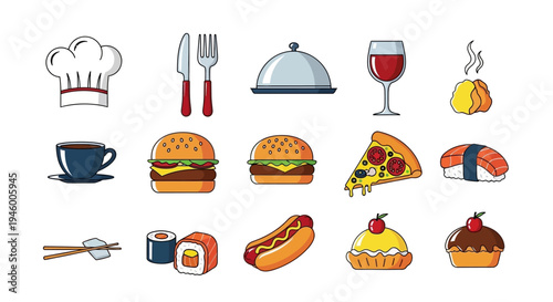 Colorful food and drink icons collection.