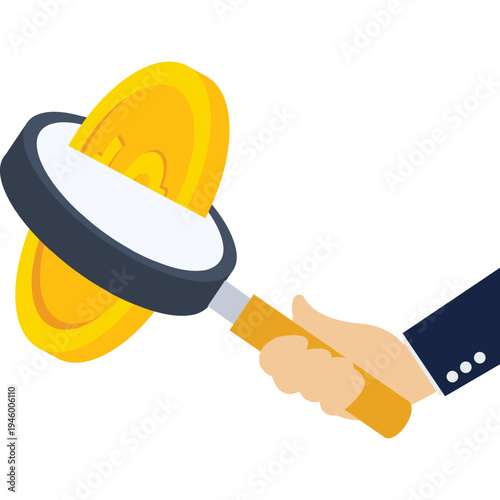 Businessman using magnifying glass to filter gold coins

