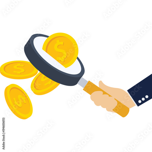 Businessman using magnifying glass to filter gold coins

