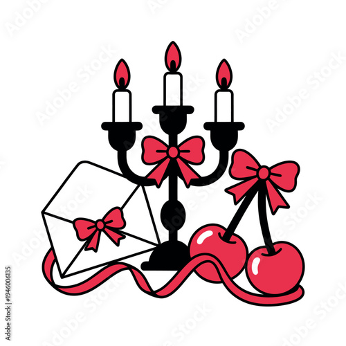 A romantic illustration of a candelabra with red candles and bows on a white background