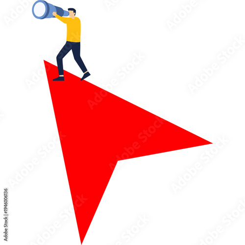 Businessman stands on arrow with telescope to see distance

Businessman stands on arrow with telescope to see distance

