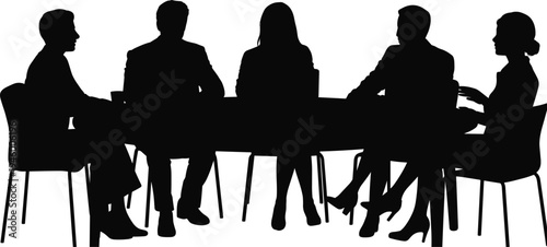 "Silhouette of business professionals in meeting, corporate teamwork, group discussion around table, collaboration concept, office communication, leadership illustration"