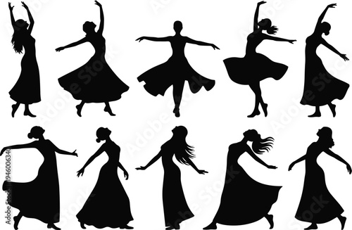 "Silhouette of graceful female dancers, elegant choreography, artistic performance, flowing dresses, expressive movement, dance illustration, cultural art concept"