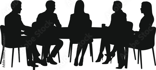 ''Business team meeting silhouette, corporate collaboration, group discussion around table, teamwork concept, professional communication, office conference illustration"