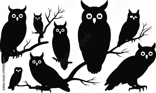 Silhouettes of nine owls perched on tree branches, artistic wildlife illustration, nocturnal bird design, nature concept, forest background