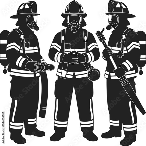 Firefighter team illustration, emergency rescue crew wearing protective gear, fire safety concept, black and white silhouette design