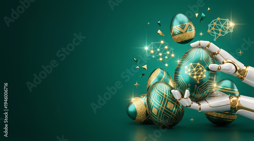 Robotic hand holding decorated easter eggs in green and gold. Futuristic blend of technology and spring holiday tradition. Digital innovation symbolizing renewal and celebration in cyber era