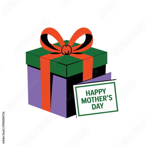 A colorful gift box with a red bow and a Happy Mother's Day card