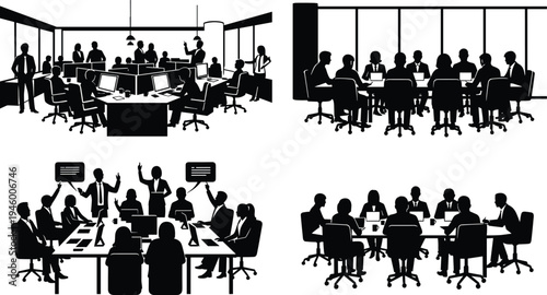 Business meeting silhouettes collection, corporate team discussion in office conference room, professional people collaboration isolated black silhouette illustration set