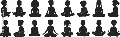 Silhouettes of diverse children meditating, mindfulness yoga practice, calm focus, peaceful group meditation, wellness illustration for education, health