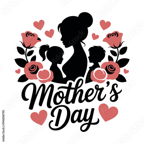 A Mother's Day graphic with a mother and her two children surrounded by flowers and hearts