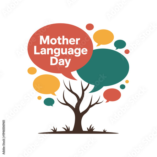 A colorful illustration celebrating Mother Language Day with a tree and speech bubbles
