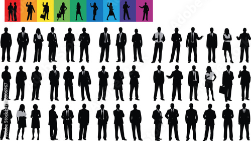 business people silhouettes collection, corporate professionals standing poses, office workers set, leadership teamwork concept, isolated black figures