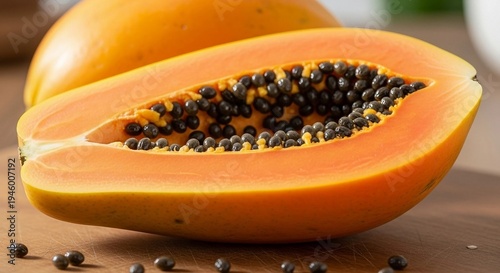 Papaya Image of Whole and Sliced Fruit Showing Orange Flesh and Black Seeds on Wooden Surface for Tropical or Culinary Themes