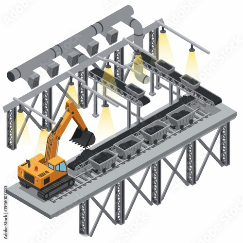 Industrial Excavator Loading Coal onto Conveyor Belt System.