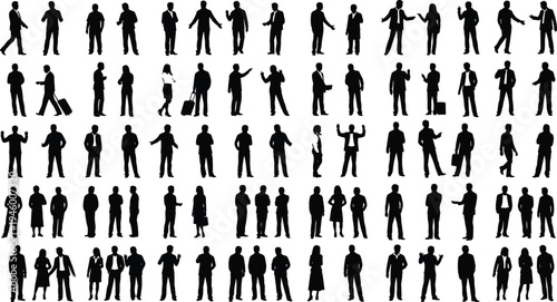 business people silhouettes, corporate team collection, professional men women, office workers poses, business communication concept, leadership teamwork, isolated silhouettes set