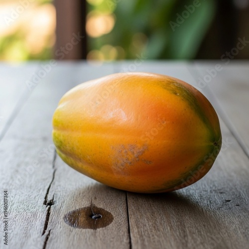Papaya Image of Whole Tropical Fruit with Gradient Orange-Green Skin on Rustic Wooden Surface with Natural Background