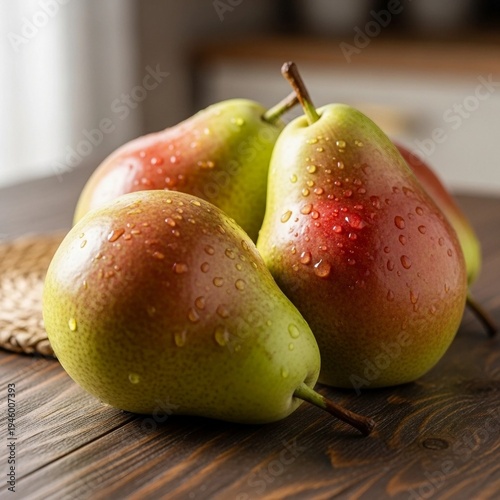 Pears Image of Trio of Fresh Green and Red Fruits with Moisture on Wooden Surface in Cozy Kitchen Background
